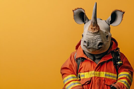 The rhinoceros wears a fireman's uniform, on a plain colored background. space for text - Powered by Adobe