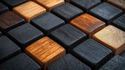 Fototapeta premium Arranged wooden blocks create a beautiful mosaic pattern showcasing various shades and textures in a creative design. Generative AI