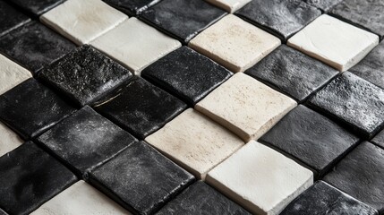 Unique patterns and textures of handcrafted black and white tiles create stunning visual harmony in modern interior design. Generative AI