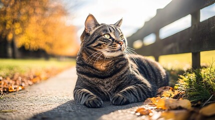 Majestic Tabby Cat Outdoors in Autumn Sunlight