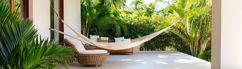 Fototapeta premium Patio with tropical plants and a relaxing hammock
