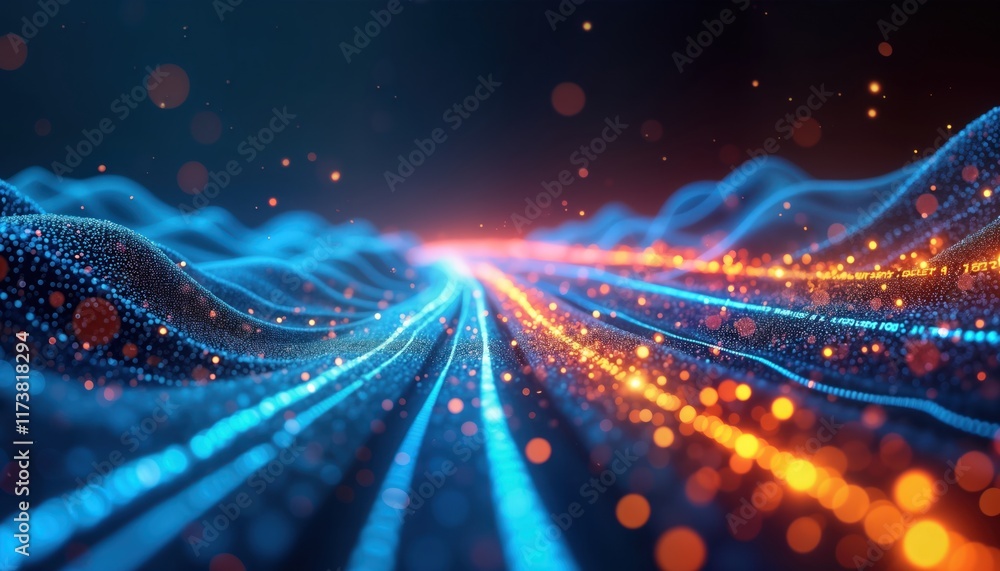 Poster dynamic streams of blue, orange light converge in futuristic digital landscape. high-speed data tran