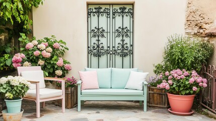 Quaint small patio with pastel furniture, blooming flower pots, and a vintage wrought iron gate, exuding rustic charm