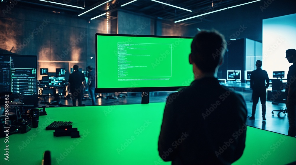 Poster a focused male programmer analyzes code on a large monitor in a modern, dimly-lit tech workspace.