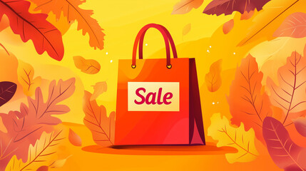 Vibrant shopping bag with "Sale" text among colorful autumn leaves, symbolizing seasonal discounts