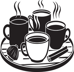 Warm Cozy Coffee Cups on a Wooden Tray Design Silhouette Vector Art Illustration on a white background