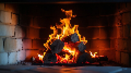 Pixel Art. Lit fireplace with burning logs.