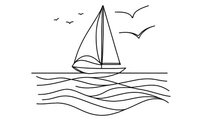 Continuous line drawing of sailing vessel. Vector illustration.