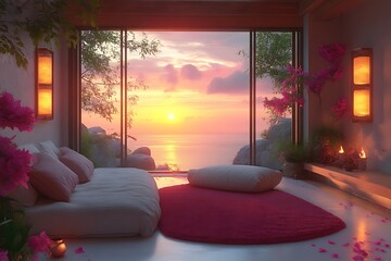 Serene bedroom with ocean sunset view.