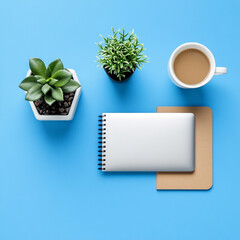 Workspace with plants, notebook, and coffee cup on a vibrant blue background