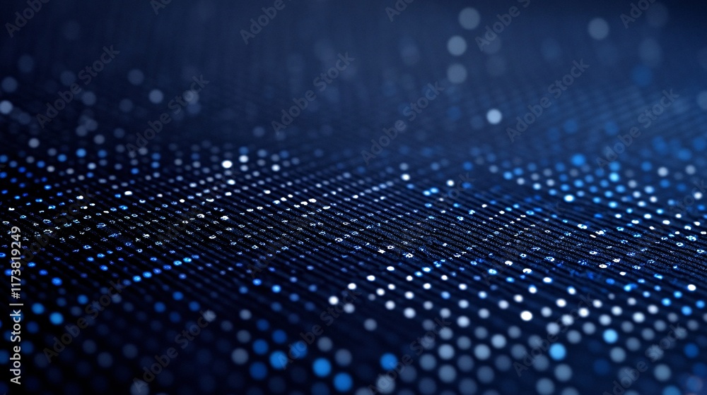 Poster abstract blue data visualization with scattered dots representing technology and connectivity.