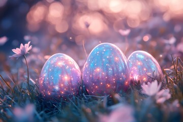 Galaxy easter eggs hiding in the grass at sunset