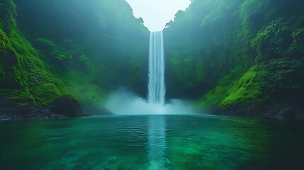 Fototapeta premium Lush green waterfall cascading into a tranquil pool.