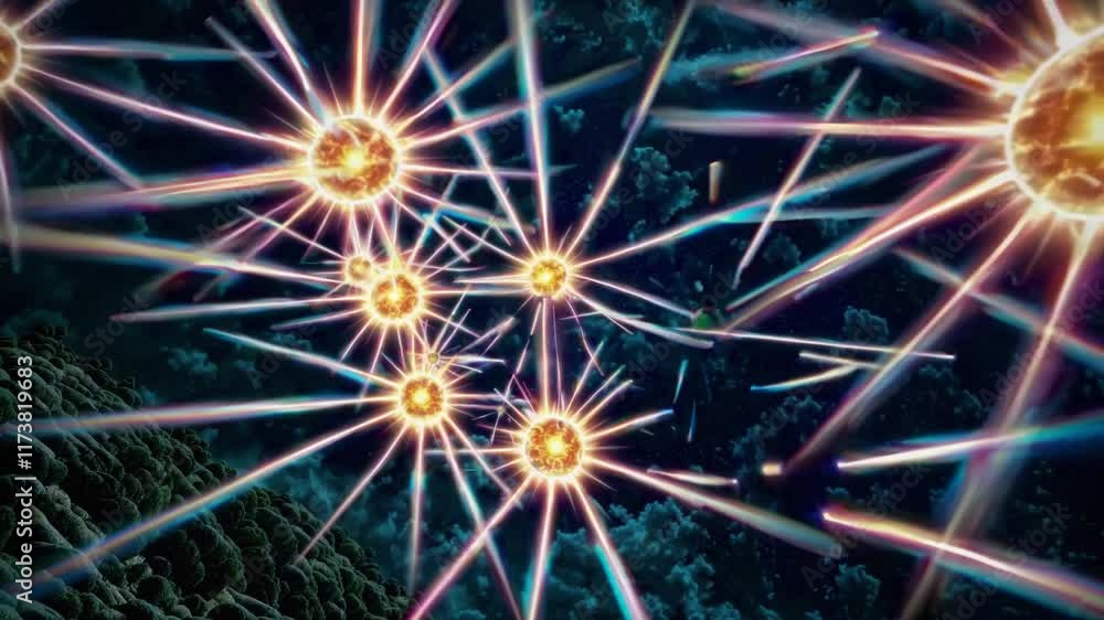 Poster vibrant animation showcasing connections between glowing stars and cosmic elements in a dynamic univ