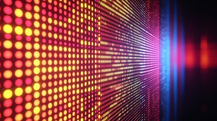 Fototapeta premium Vibrant LED wall displaying colorful light patterns in hues of red, yellow, and blue.
