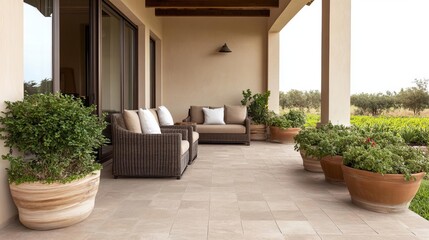 Fototapeta premium Rustic patio with earthy tones and natural textures for warmth