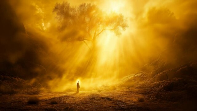 Moses confronts the glowing burning bush, illuminating the desert with ethereal golden light