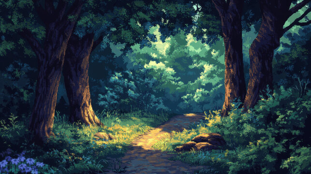 Sunlit forest path with lush green foliage