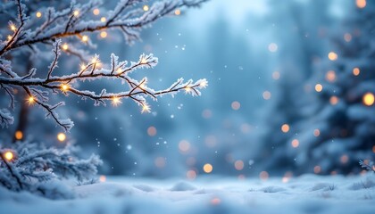 Snowy Winter Evening with Christmas Pine Branches and Bokeh Lights