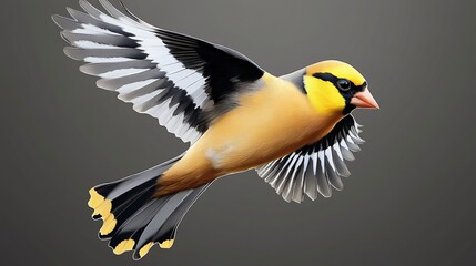 Obraz premium A vibrant yellow and black bird in mid-flight, showcasing its stunning plumage against a soft gray background.