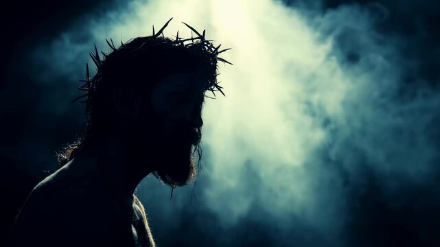 Jesus christ adorned with a crown of thorns, symbolizing sacrifice for humanity s sins in darkness