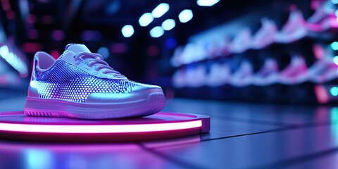 A virtual sneaker store with a holographic display showing futuristic sneakers