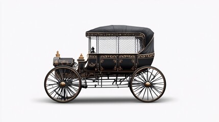 Vintage black carriage with ornate golden details, showcasing classic design elements.