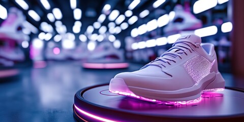 A virtual sneaker store with a holographic display showing futuristic sneakers