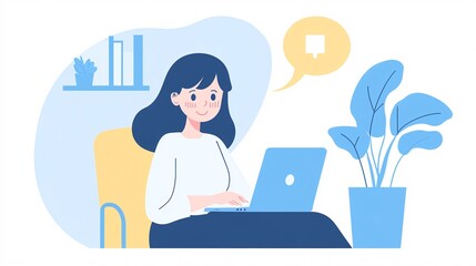 Young woman with dark hair working on a laptop in a cozy, modern workspace surrounded by plants.