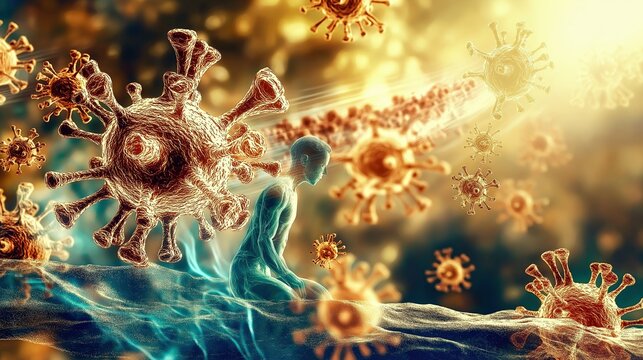 Intriguing Visualization of Virus Interaction with Human Figure in Vibrant Colors - Powered by Adobe