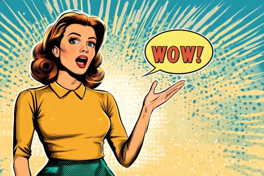 Surprised woman showing something and saying wow in retro pop art style
