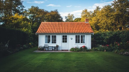 Charming White Cottage With Red Roof Surrounded by Lush Greenery in a Serene Garden Setting During Late Afternoon