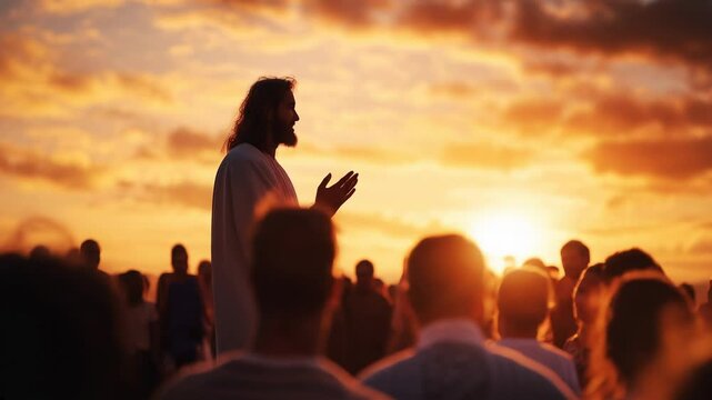 Jesus inspires a large crowd with a profound message during a stunning sunset backdrop.

