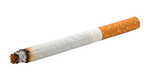 Burning Cigarette with Ash on White Background, Single Lit Cigarette Health Warning Concept PNG