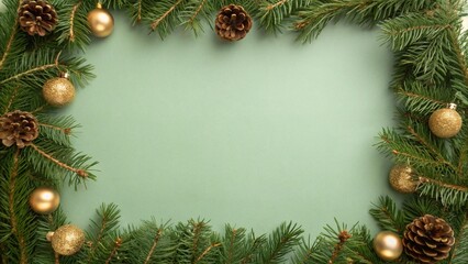 Festive Green Pine Frame with Golden Ornaments and Pinecones, christmas frame with fir branches and cones
