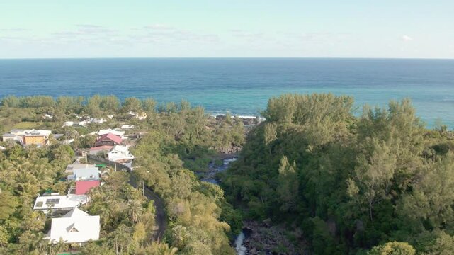 Aerial view on the Cascade Grand Galet and the Langevin basin of La Reunion island