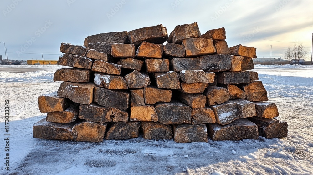 Poster stack of weathered timber resting on a snowy field against a backdrop of a golden sunset sky. genera