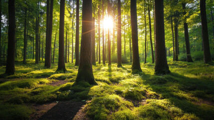Obraz premium Sunlight streams through lush green forest.