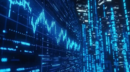 A futuristic digital landscape showcasing blue data graphs against a dark, high-tech background.