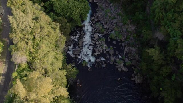 Aerial view on the Cascade Grand Galet and the Langevin basin of La Reunion island