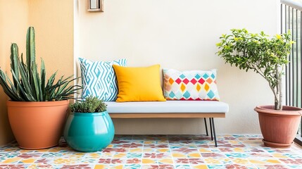 Small patio with colorful Mediterranean tiles, bright cushions, and a cheerful atmosphere