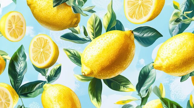 Fresh Lemon and green leaves on the stem form a seamless pattern