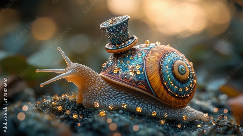 Poster snail adorned with a colorful, jeweled hat glimmers in the soft light of a serene forest setting. ge