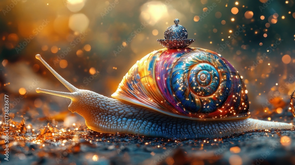 Poster colorful snail adorned with a sparkling crown gliding through a vibrant forest at twilight. generati