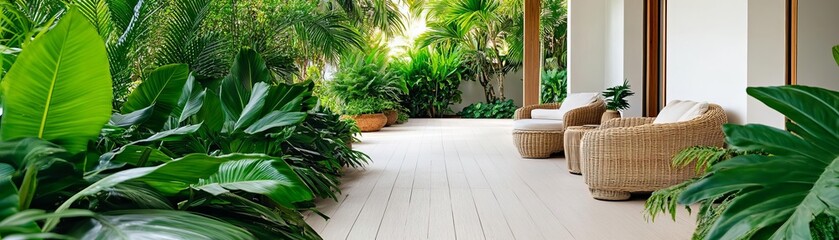 Tropical patio with lush plants and rattan chairs