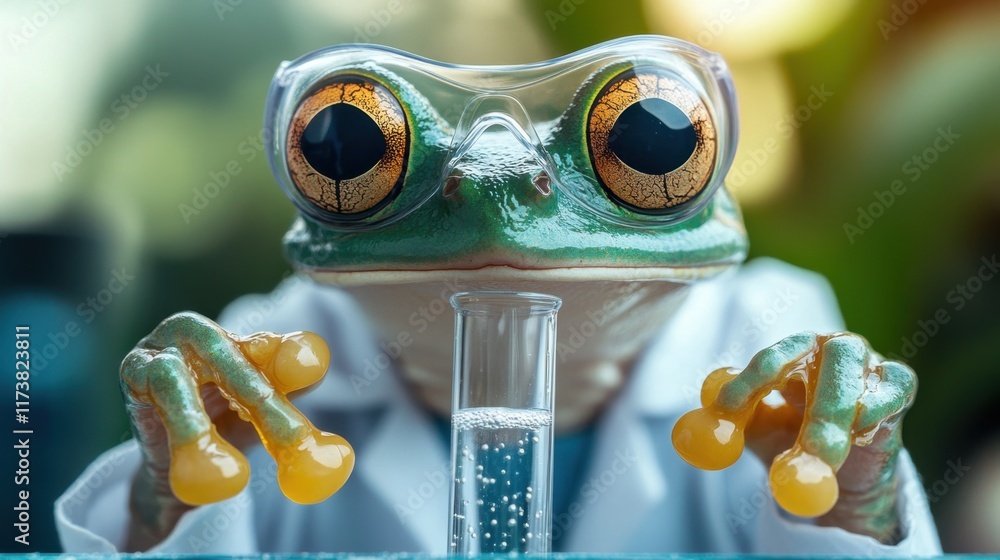 Poster curious frog conducting experiments in a colorful lab with vibrant liquids and scientific equipment 