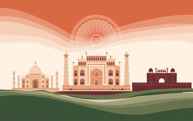 Obraz premium tiranga flag, India's iconic landmarks Taj Mahal, Red Fort, Humayun's Tomb against a stylized Indian flag backdrop.