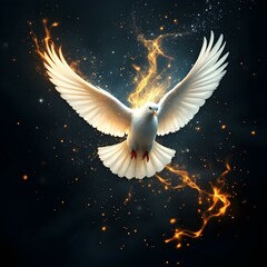 Fototapeta premium White Dove in Flight with Dynamic Flames and Dark Contrast
