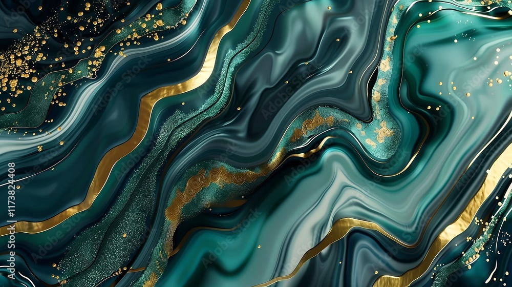 Poster sophisticated abstract background with metallic texture and liquid mixtures in emerald green and gol