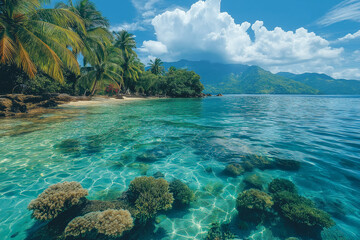 Naklejka premium Photo réaliste professionnelle d’une île tropicale avec palmiers luxuriants, eau cristalline, et récifs coralliens visibles